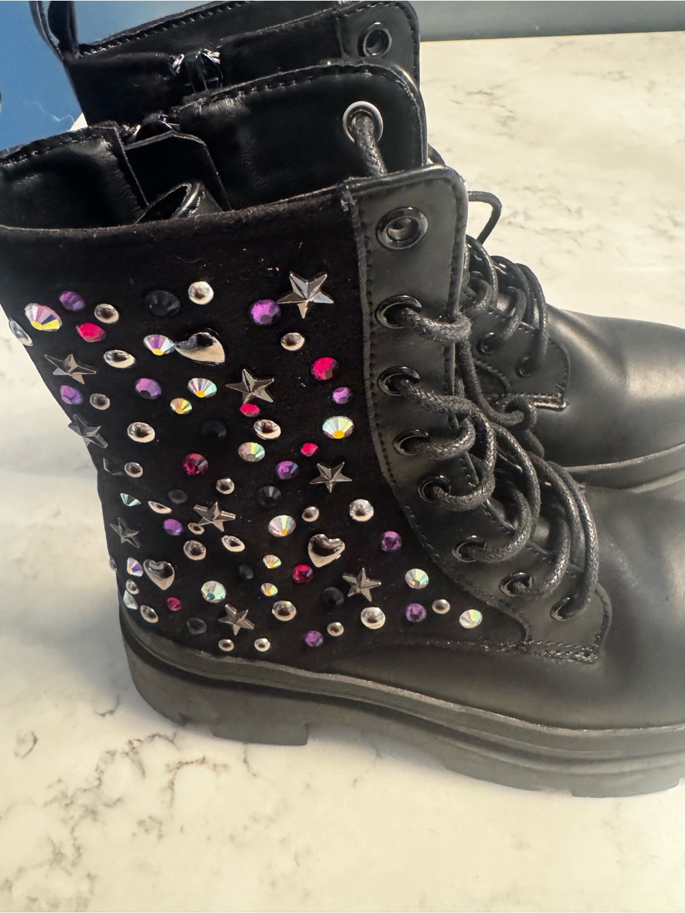 Steve Madden Black Studded Combat Boots with Multicolor Gems